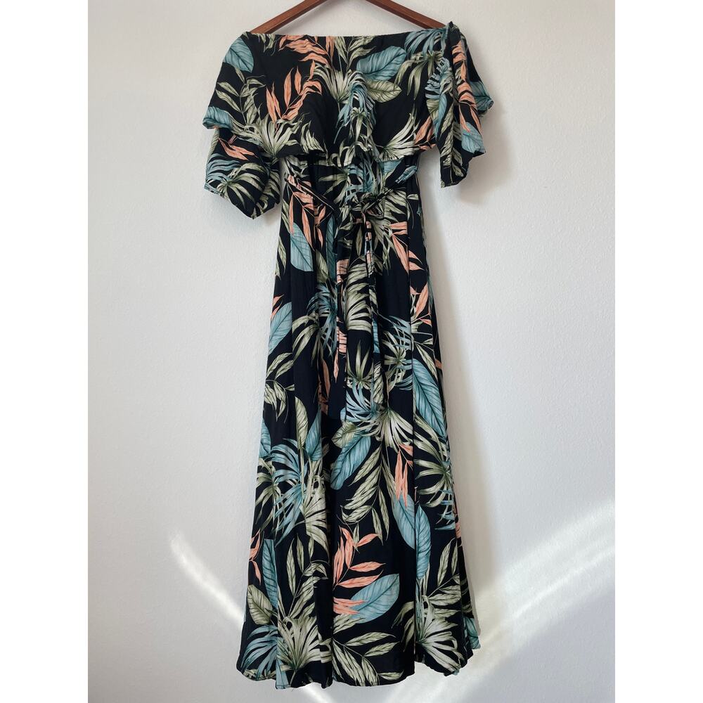MEGHAN LOS ANGELES Black Tropical Print Off Shoulder Maxi Dress - Picture 2 of 6